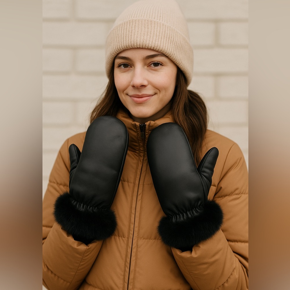 Raber genuine fur trim leather mittens